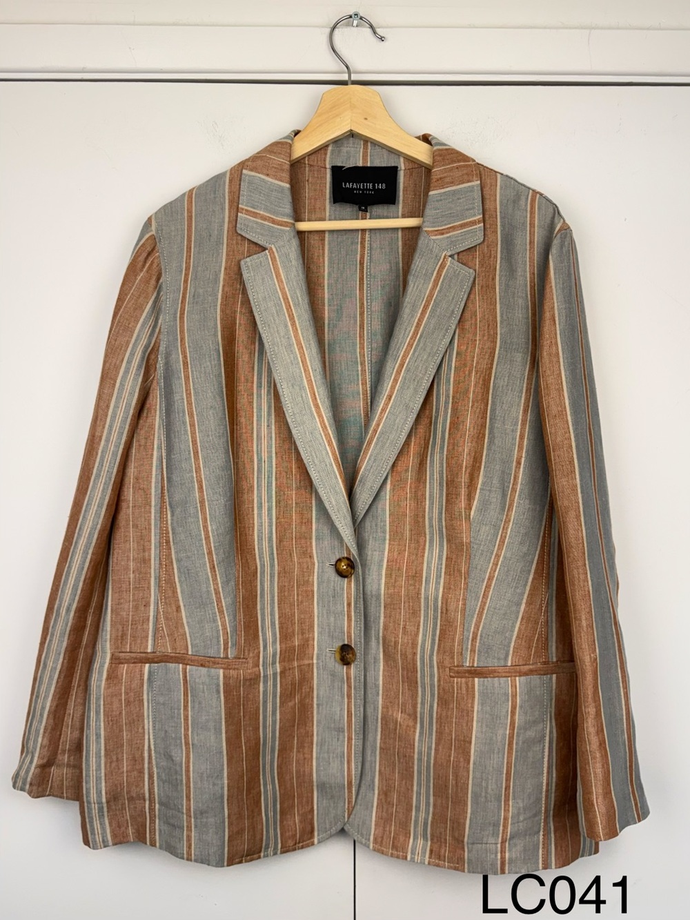 Lafayette 148 Striped 100% Linen Blazer Jacket Size 16